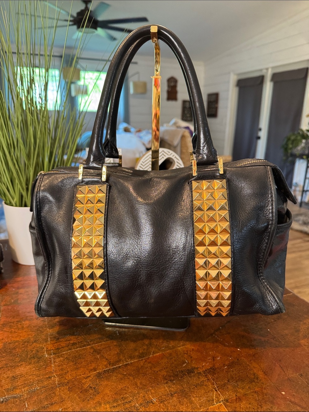 Tory Burch Black Leather Satchel with Gold Studded Straps